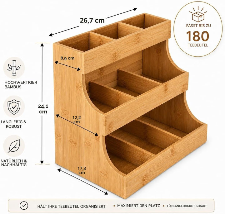 THEODORE Vertikaler Teebeutelorganizer aus Bambus Teebeutelhalter–Fasst 180 Teebeutel. Teebox aus Ho
