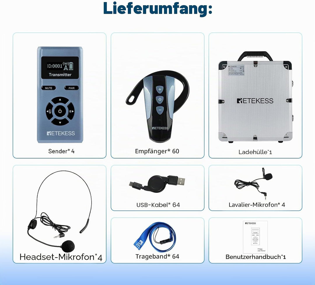 Retekess TT106S Drahtloses Tourguide-System, Tourguide-Headsets, 2.4G,One-Touch-Bedienung, Hochleist