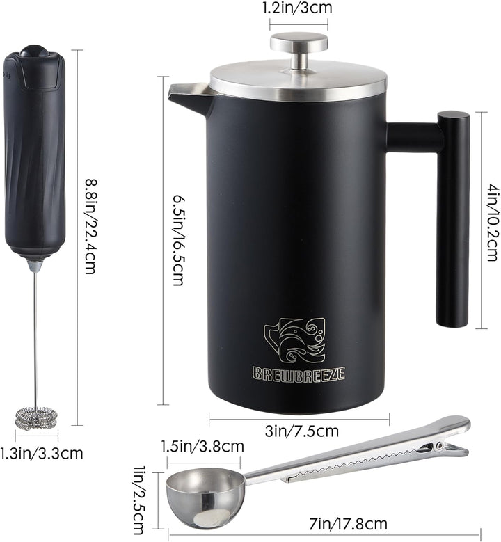French Press Set I Kaffeebereiter, Thermo, Kaffeepresse, für Filterkaffee, 1 Liter, Milchaufschäumer