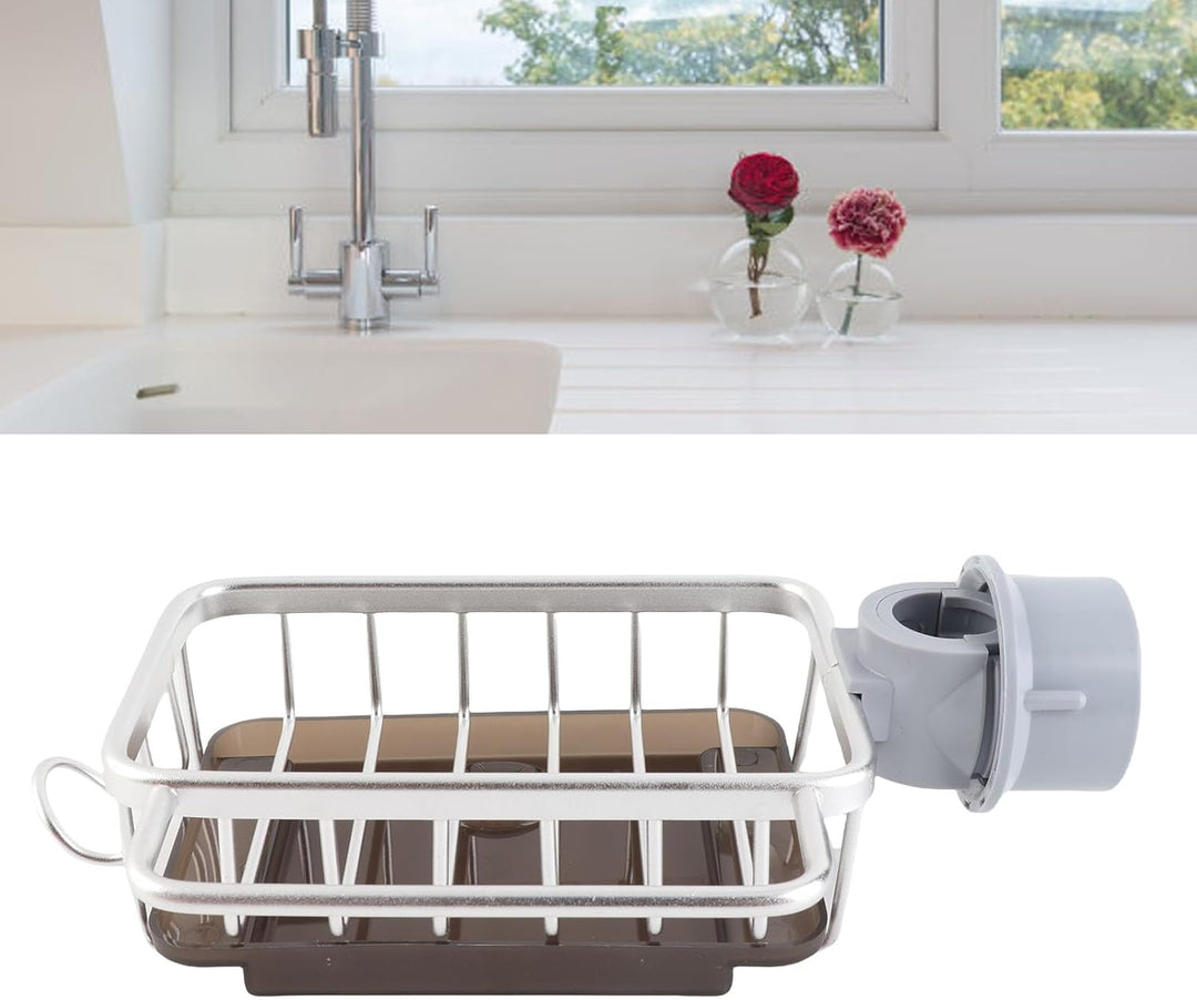Küchenarmatur-Schwammhalter, Waschbecken-Wasserhahn-Caddy-Organizer mit Abtropfschale für Spülmittel