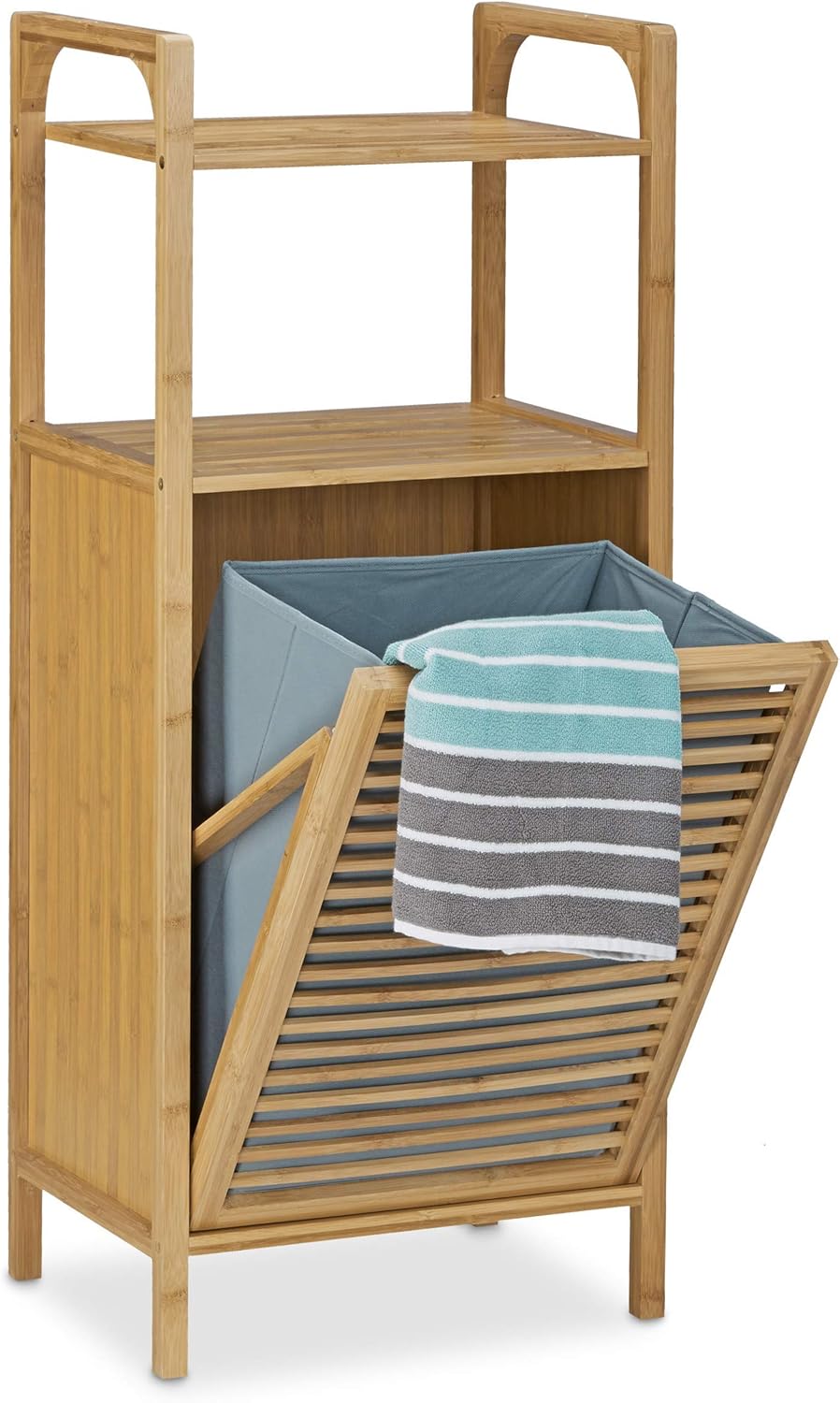 Relaxdays Badregal mit Wäschekorb aus Bambus HBT 95 x 40 x 30 cm Badschrank mit 2 Ablagen für Badacc