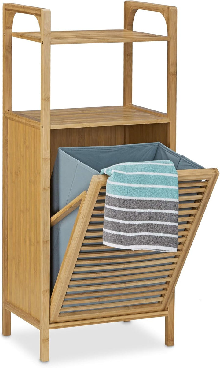 Relaxdays Badregal mit Wäschekorb aus Bambus HBT 95 x 40 x 30 cm Badschrank mit 2 Ablagen für Badacc