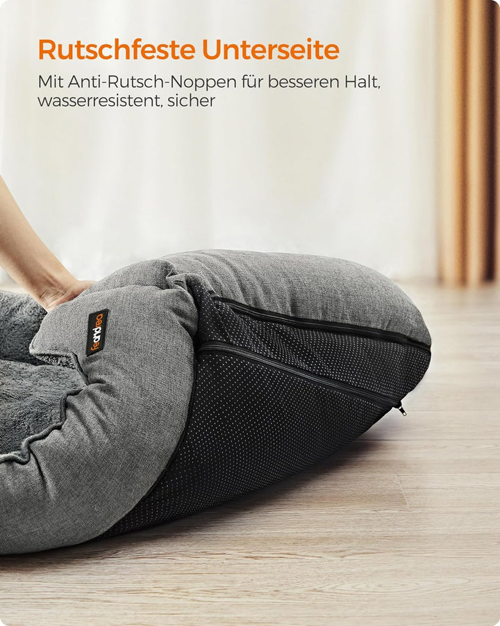 Feandrea Hundebett, Hundekissen in Leinenoptik, Hundekorb, erhöhte Ränder, rutschfeste Unterseite, B