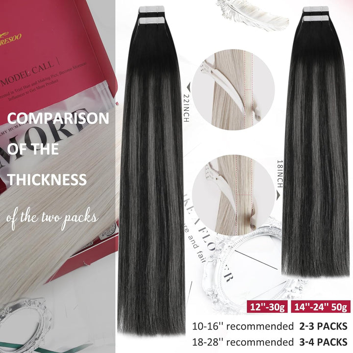 Moresoo Tape Echthaar Extension Schwarz Ombre Invisible Tape in Extensions Echthaar Schwarz bis #Sil
