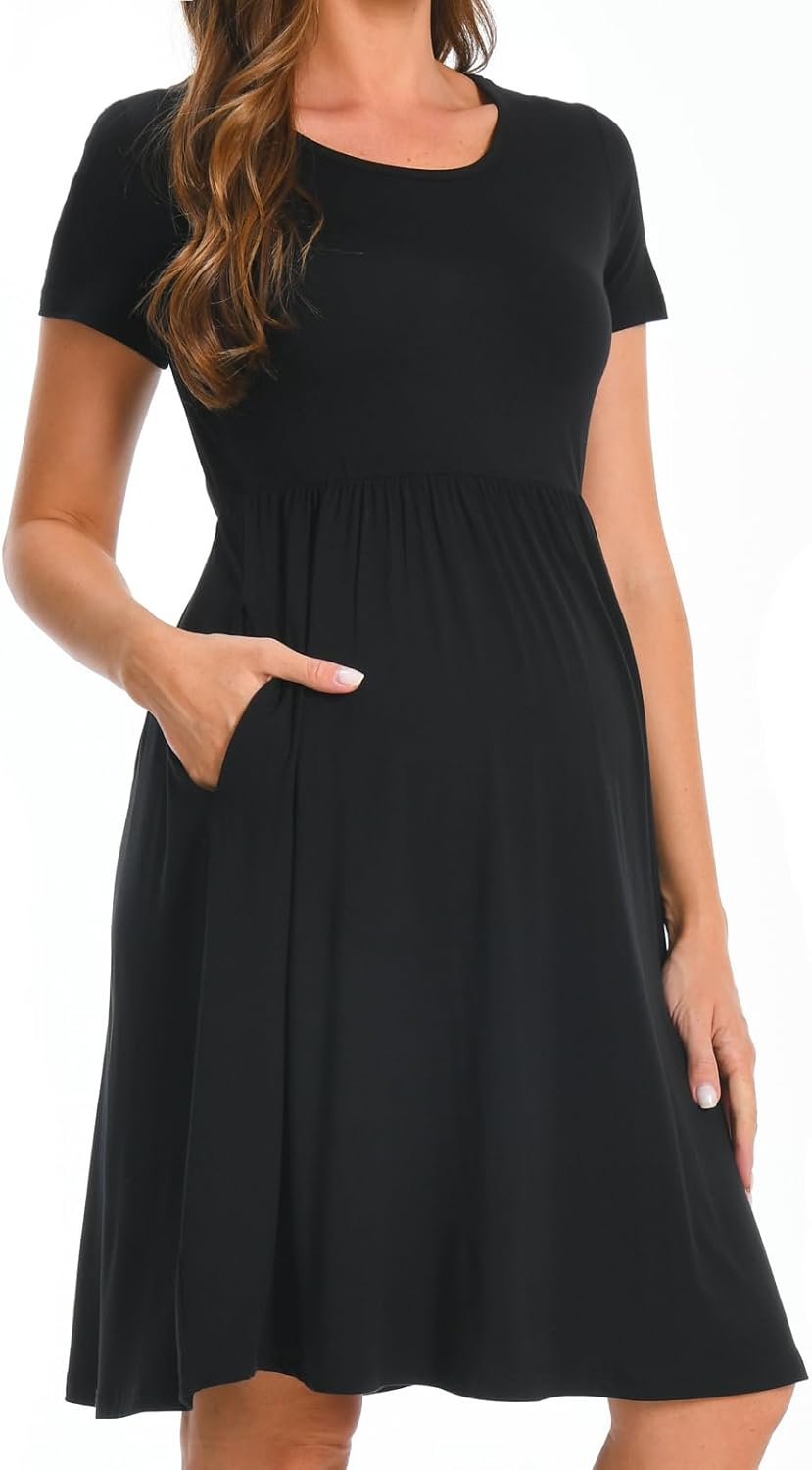 Bearsland Women’s Long Sleeve Maternity Dresses Patchwork Pregnancy Dress with Pocket, S Dark