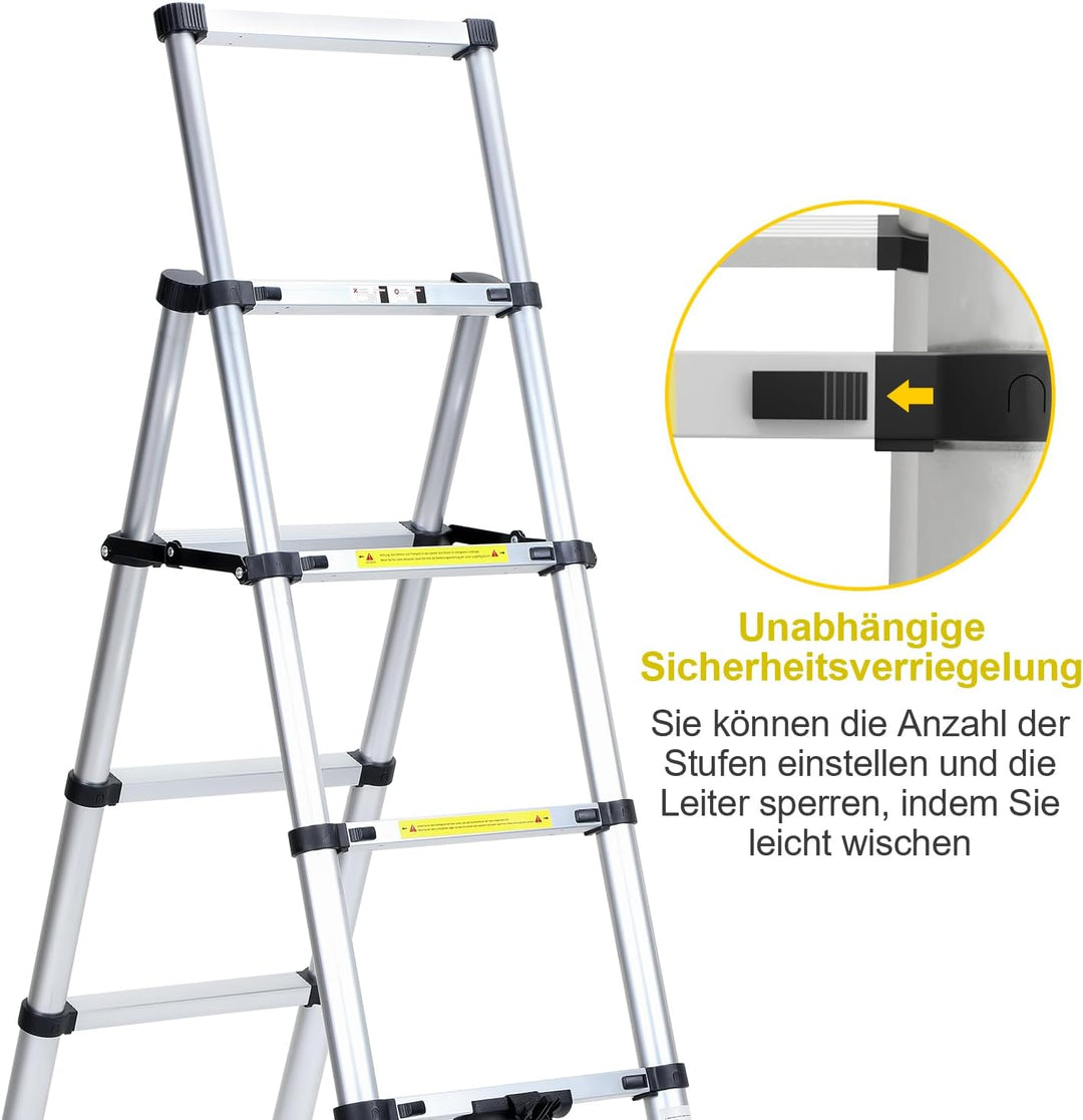 Fiqops 1,4m+1,7m Teleskopleiter aus Aluminium, 4+5 Stufen Klappleiter A-Rahmen Mehrzweckleiter Stehl