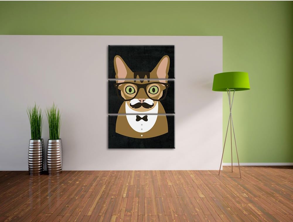 Pixxprint Hipster Katze mit Brille, Schnurbart und Fliege (Main Coon) schwarz 3-Teiler Leinwandbild