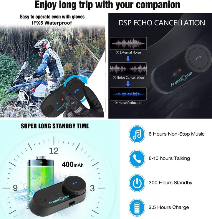 FreedConn T-COM VB Motorrad Bluetooth Headset, Helm Intercom, Kommunikationssystem für für Motorräde