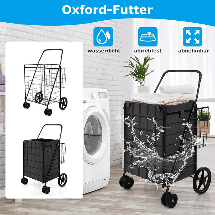 COSTWAY Einkaufstrolley Klappbar, Einkaufswagen auf Rollen mit Abnehmbarer Oxford-Tasche & 2 Körben,