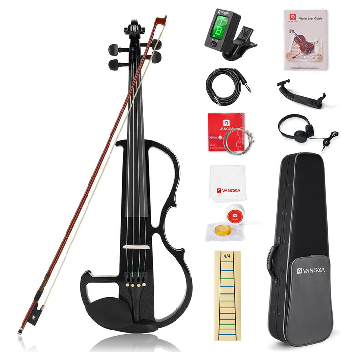 Vangoa Elektrische Violine Geige aus massivem Holz, 4/4, mit Ebenholzbeschlägen, Tragetasche, Audiok