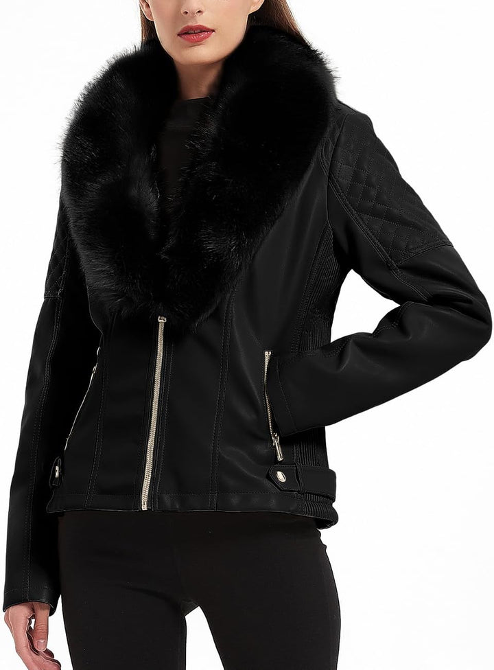 Giolshon Damen Kunstlederjacke Moto Biker Warme Winterjacket mit Kunstpelzkragen, XL