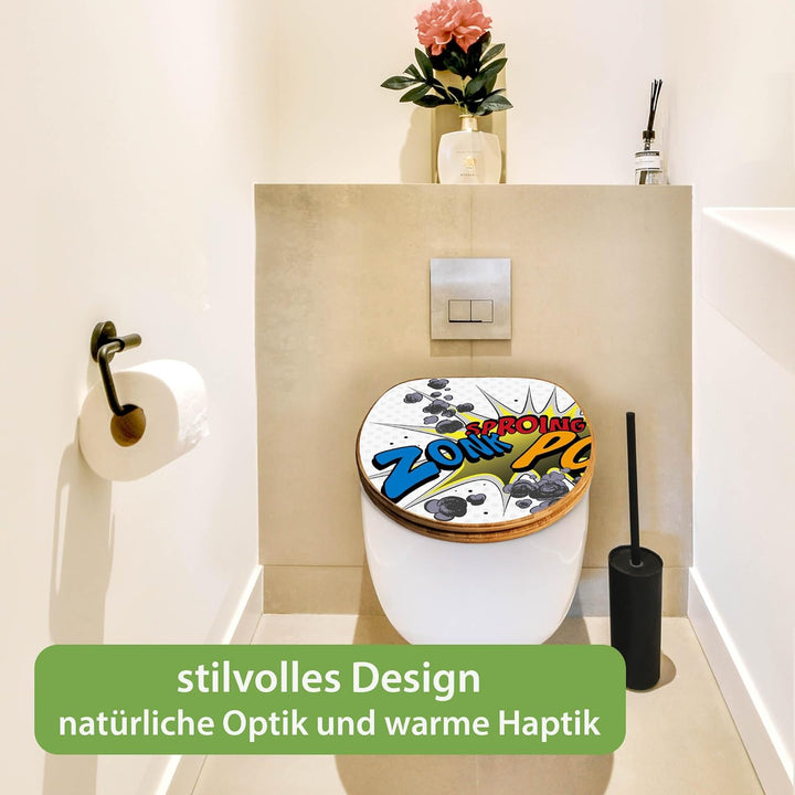 banjado® Design WC Sitz Bambus Absenkautomatik mit Motiv Comic/Toilettendeckel mit Absenkautomatik H