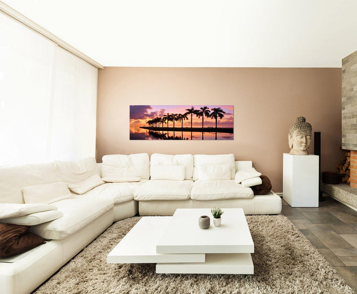 Paul Sinus Art Panoramabild auf Leinwand und Keilrahmen 150x50cm Miami Meer Palmen Sonnenaufgang Spi