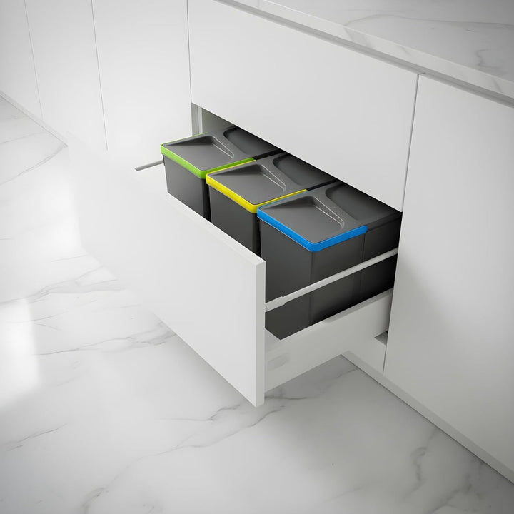 Mülltrennsystem 3x20l anthrazit, Mülleimer Küche für Schublade oder Unterschrank, geruchsdicht, spül
