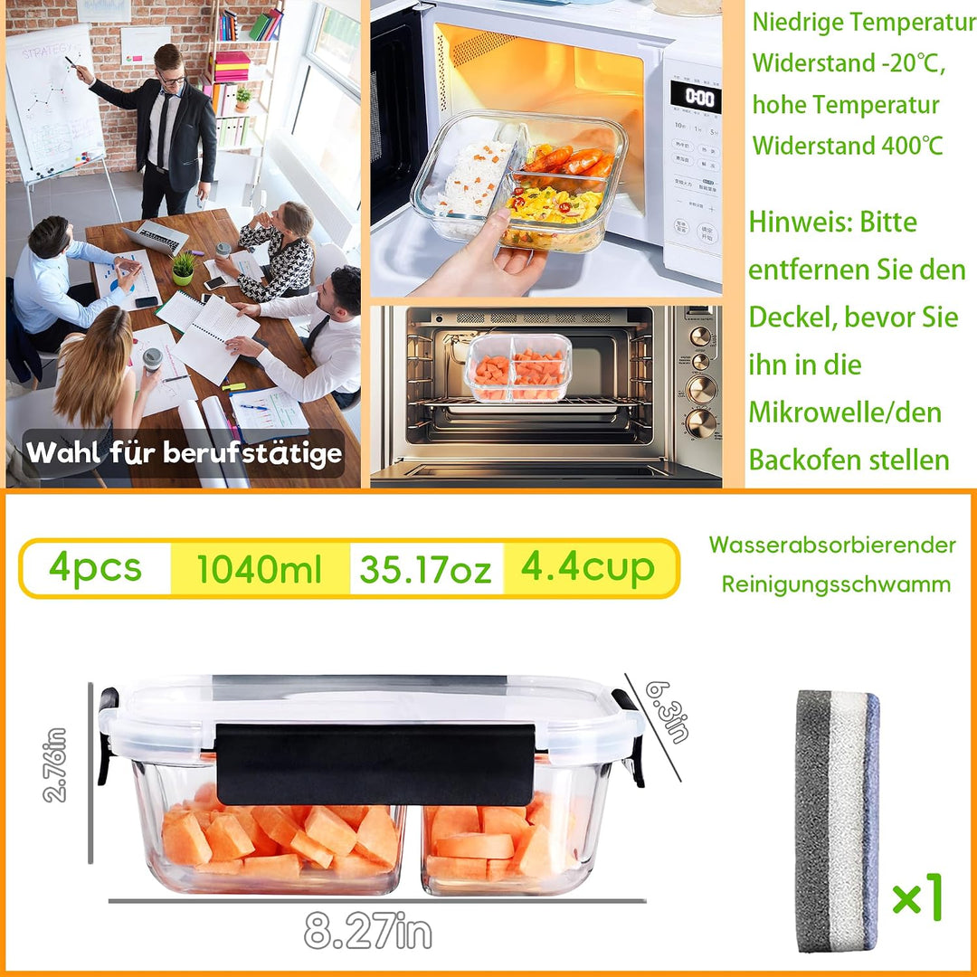 Meal Prep Boxen – 4x1040ML Frischhaltedosen Glas Mit Deckel Mit 3-Fach-Trennsystem | BPA-Freie Aufbe