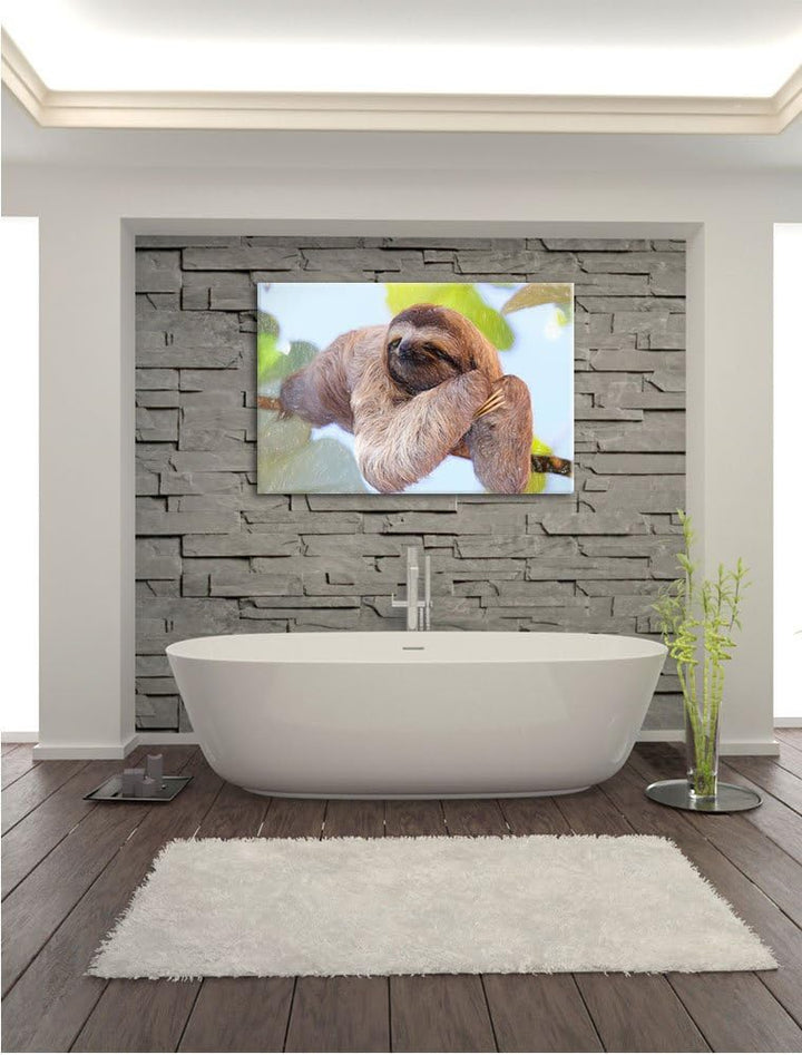 Pixxprint schönes Faultier hängt von AST / 100x70cm Leinwandbild bespannt auf Holzrahmen/Wandbild Ku