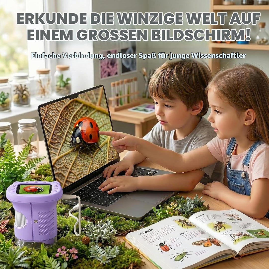 Mikroskop für Kinder, 1000X 4K Digitalmikroskop mit IPS-Display, 8 LED Licht, USB-aufladbar, Tragbar