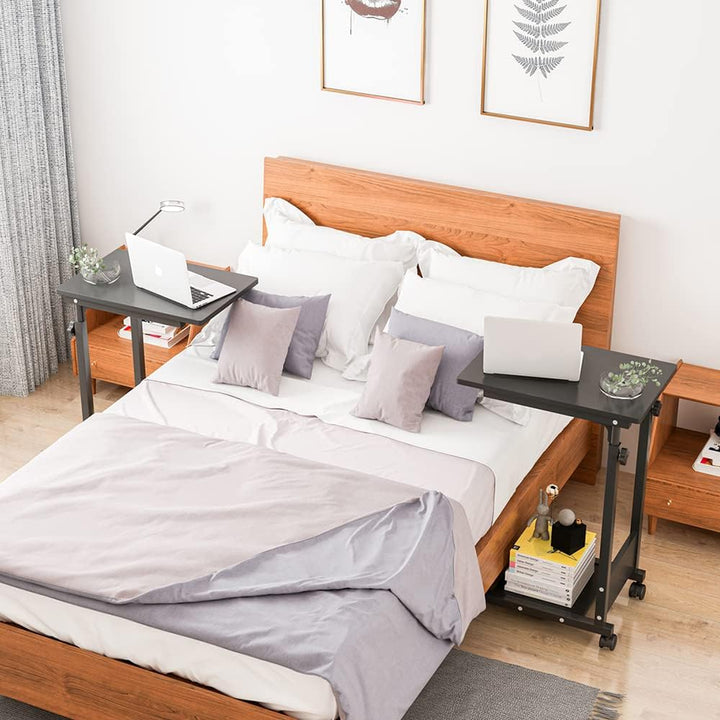 Betttisch mit feststellbaren Rädern und klappbarem Deckel, mobiler Klapptisch, höhenverstellbar, Nac