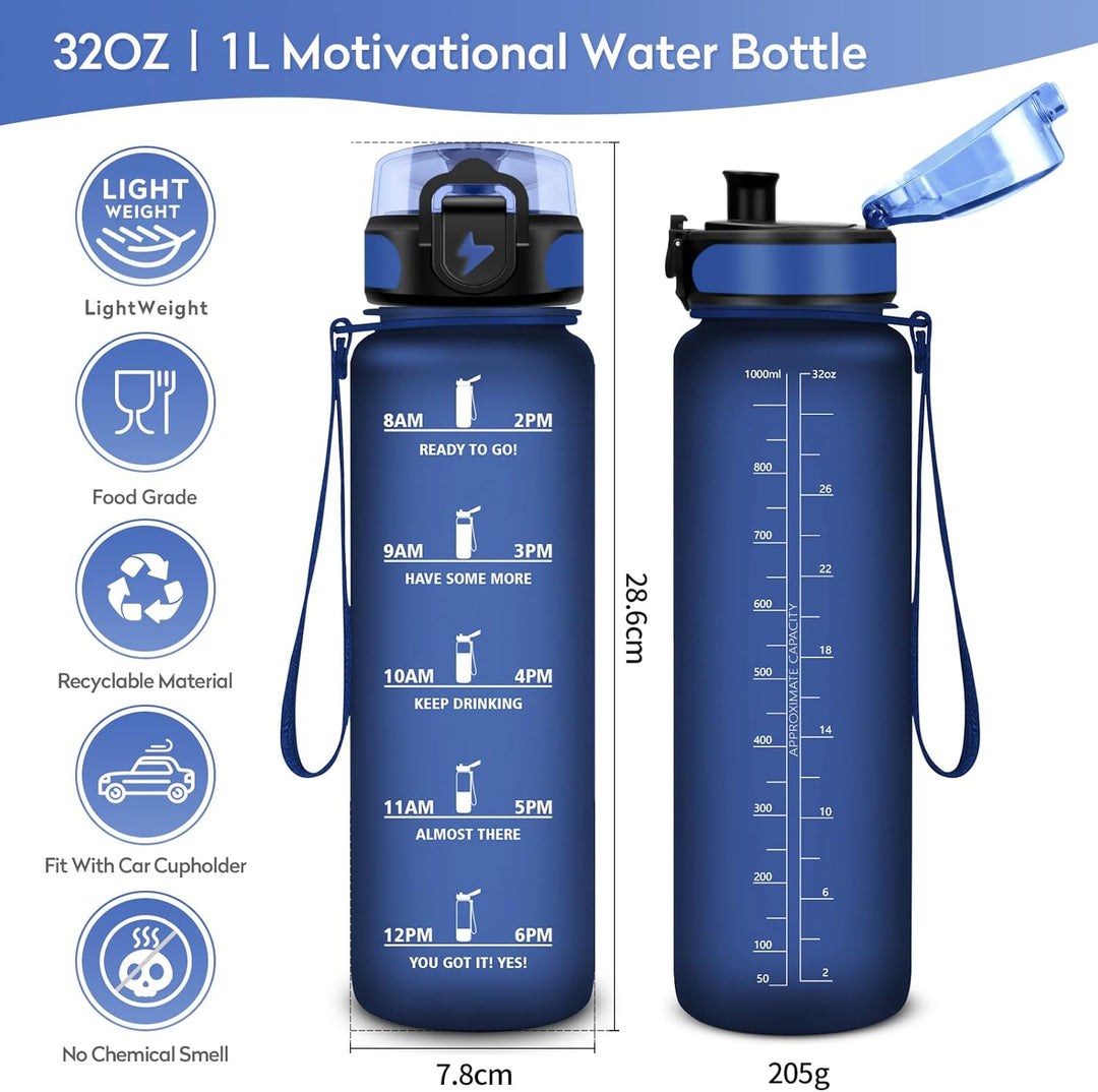 Trinkflasche 500ml/1L, Trinkflasche mit Zeitmarkierung und Filter, Auslaufsicher Wasserflasche Kohle