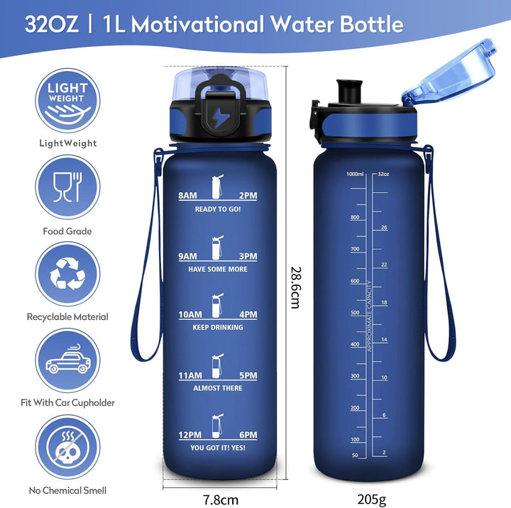 Trinkflasche 500ml/1L, Trinkflasche mit Zeitmarkierung und Filter, Auslaufsicher Wasserflasche Kohle