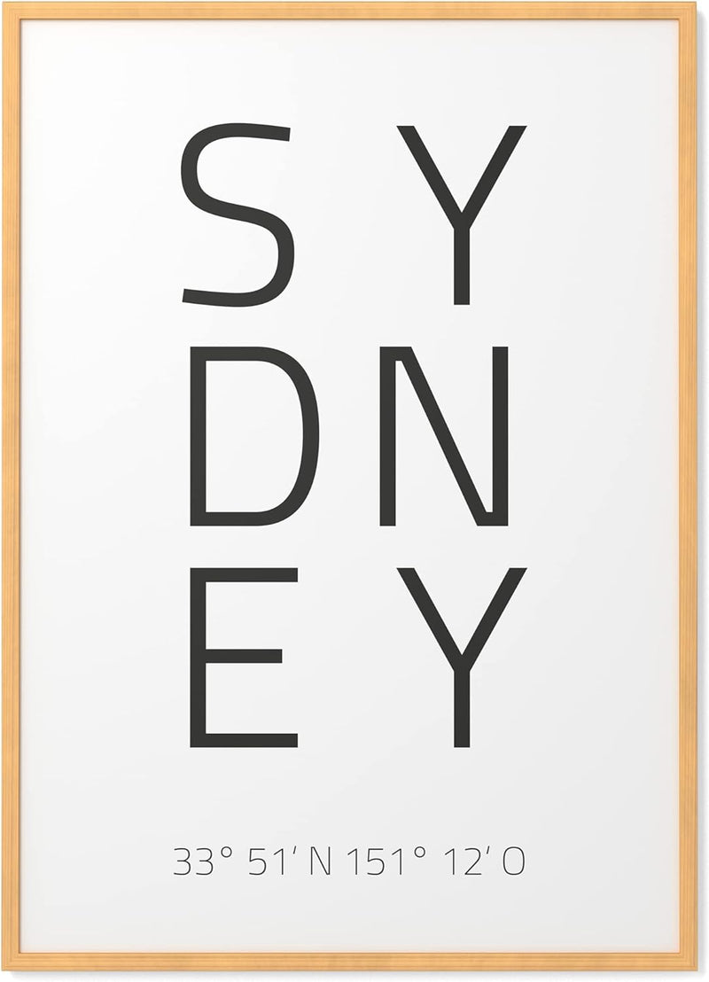 Papierschmiede® Geo Poster Koordinaten Sydney, A3 Gerahmt im Natur-Holzrahmen, Stadt Bild als Wandde