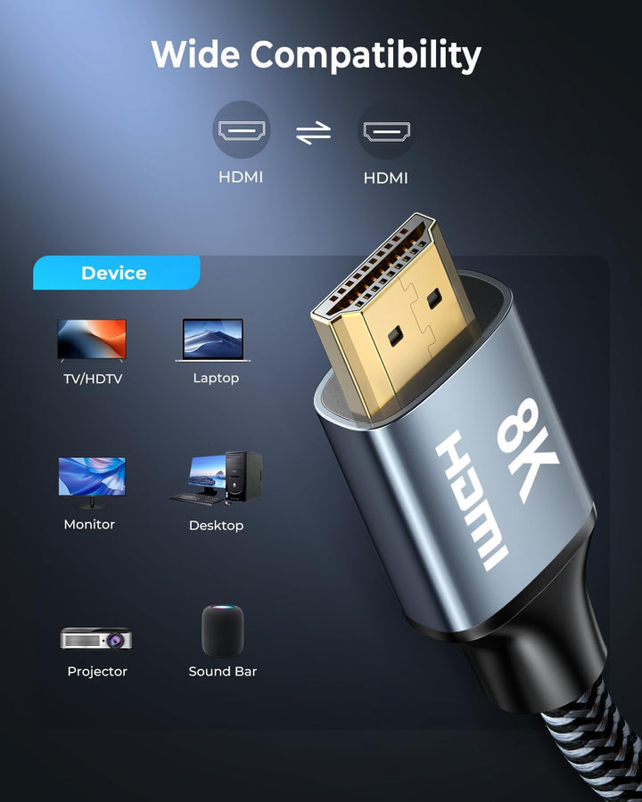 CABNEER 8K HDMI 2.1 Kabel 7,5m, HDMI Kabel Ultra Hoch Geschwindig 48Gbps 8K@60Hz 4K@120Hz 2.2/2.3 eA