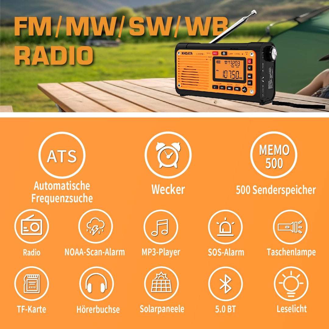 XHDATA D608WB Tragbares Notfall Radio mit Kurbel Solarradio mit Kurbel 3000mAh Akku Wiederaufladbare