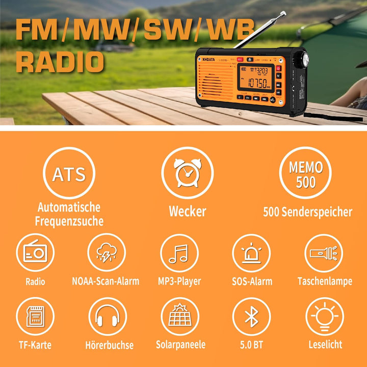 XHDATA D608WB Tragbares Notfall Radio mit Kurbel Solarradio mit Kurbel 3000mAh Akku Wiederaufladbare