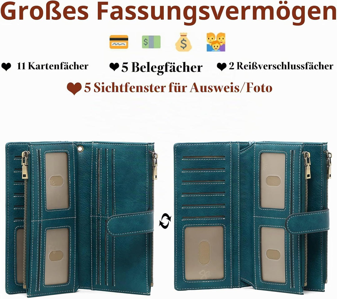 GOIACII Geldbörse Damen, Portemonnaie Damen Leder, RFID Blocking gross und im Langformat Geldbeutel