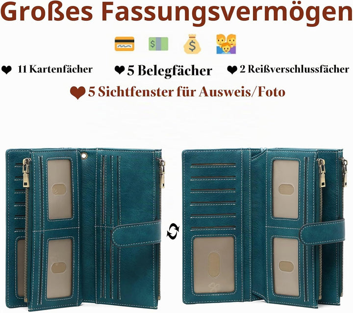 GOIACII Geldbörse Damen, Portemonnaie Damen Leder, RFID Blocking gross und im Langformat Geldbeutel