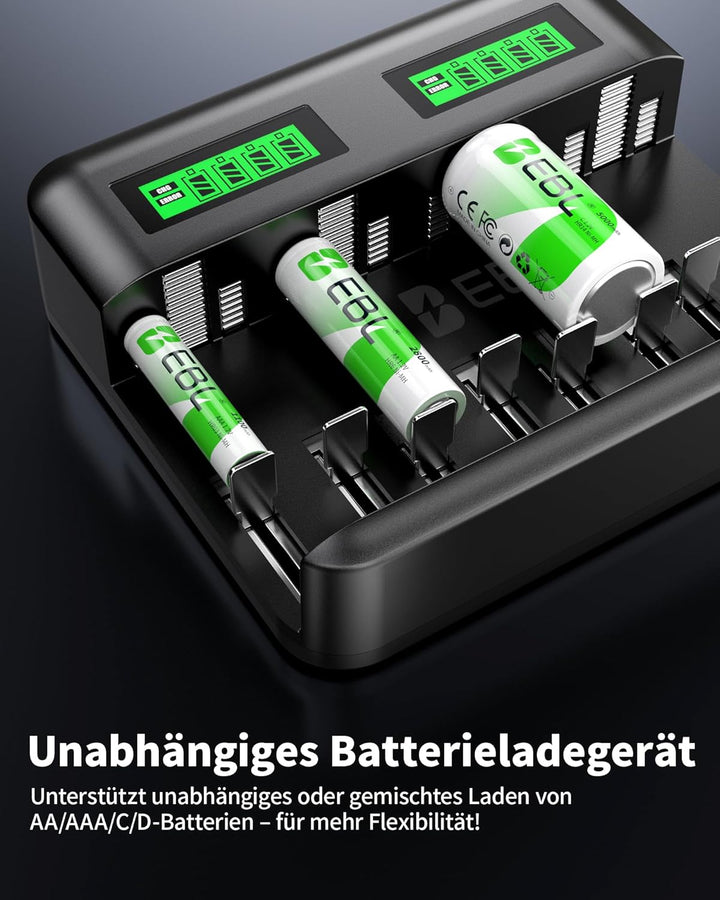 EBL Akku Ladegerät für AA AAA C D NI-MH Akkus Type C Input Schnell Ladegerät, LCD Anzeige Batterienl