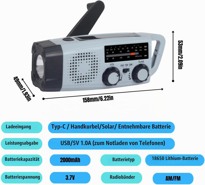 Notfall-Solarradio, Selbstbetriebenes Kurbelradio mit LED-Taschenlampe, SOS-Alarm,AM/FM Wetter Wind