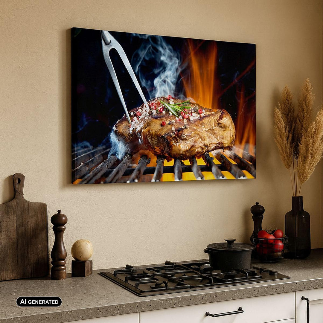Bilder auf Leinwand 100x70cm Leinwandbild Steak Grill Flammen Essen Gross Wanddeko Bild Schlafzimmer