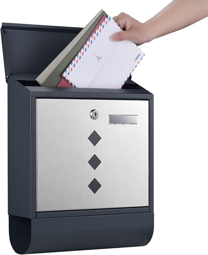 Wiltec Designer Briefkasten V36 Anthrazit und Edelstahl 305 x 105 x 385 mm, Wandbriefkasten mit Schl