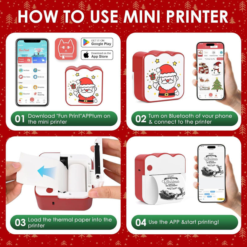 Ambesty Mini Drucker, Weihnachten Mobiler Fotodrucker, Tragbarer Mini Fotodrucker, Wireless Fotodruc