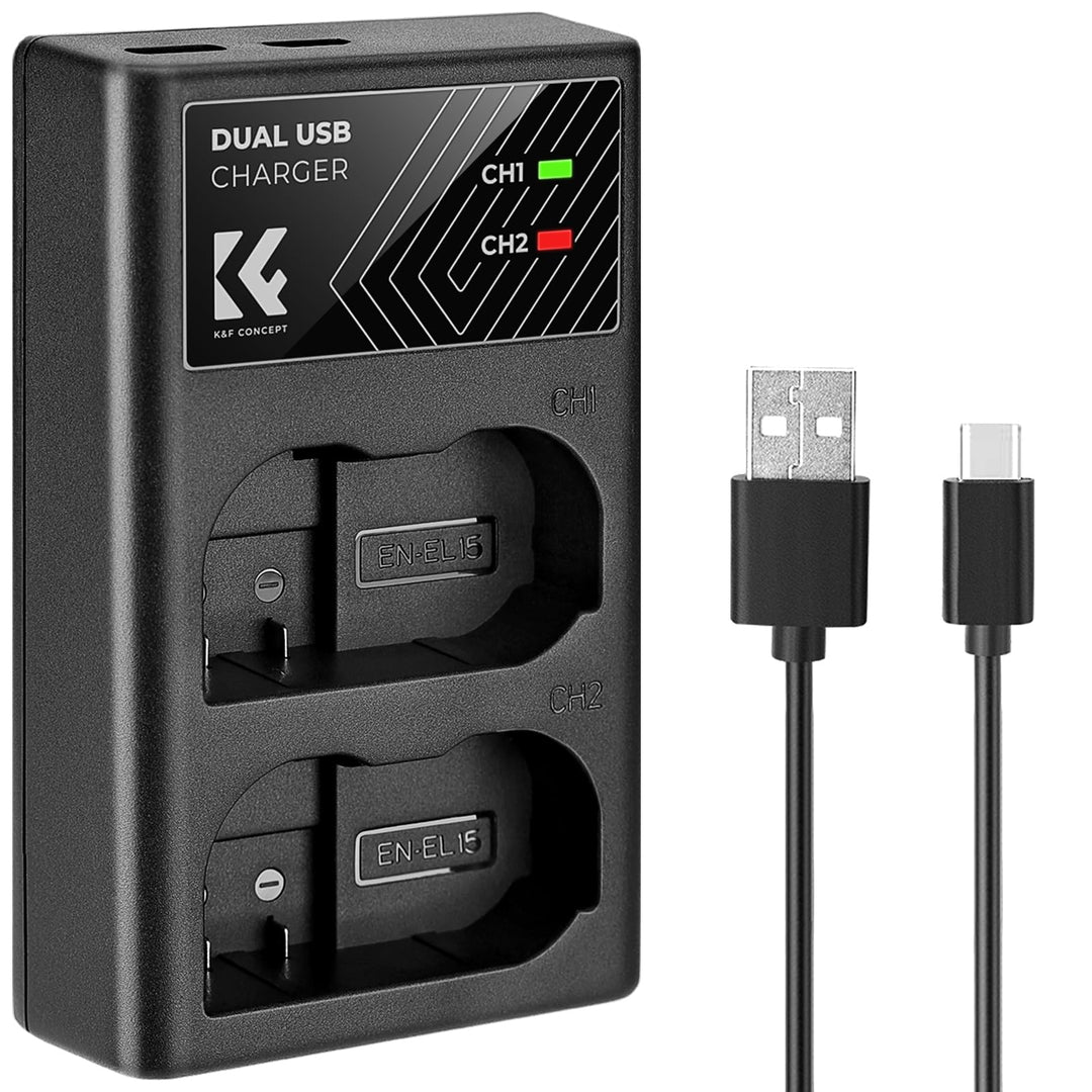 K&F CONCEPT EN-EL15/EN-EL15a/EN-EL15b Dual Slot Kameraakku Ladegerät, Micro USB und Typ-C Port Schne