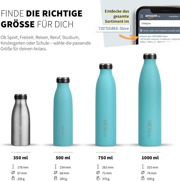 720°DGREE Edelstahl Trinkflasche “milkyBottle” - 1L - BPA-Frei, Auslaufsicher, Kohlensäure geeignet