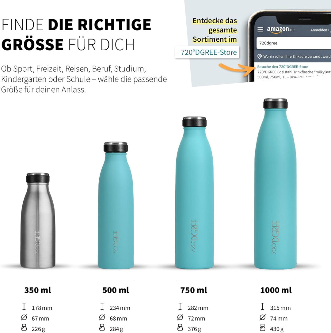 720°DGREE Edelstahl Trinkflasche “milkyBottle” - 750ml - BPA-Frei, Auslaufsicher, Kohlensäure geeign