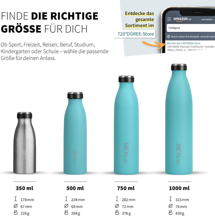 720°DGREE Edelstahl Trinkflasche “milkyBottle” - 750ml - BPA-Frei, Auslaufsicher, Kohlensäure geeign