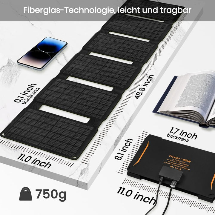 40W Faltbar Solar Ladegerät, ETFE Monokristallines Solarpanel 3-Port USB PD18W QC3.0 Type-C Tragbare