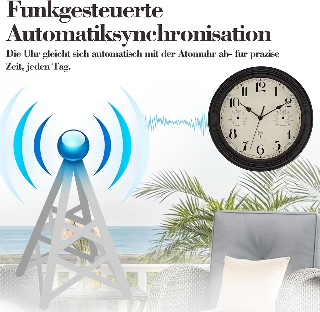 Foxtop Funk Wanduhr, Innen Draussen Wetterfeste Wanduhr mit Temperaturanzeige und Hygrometer, Ohne T