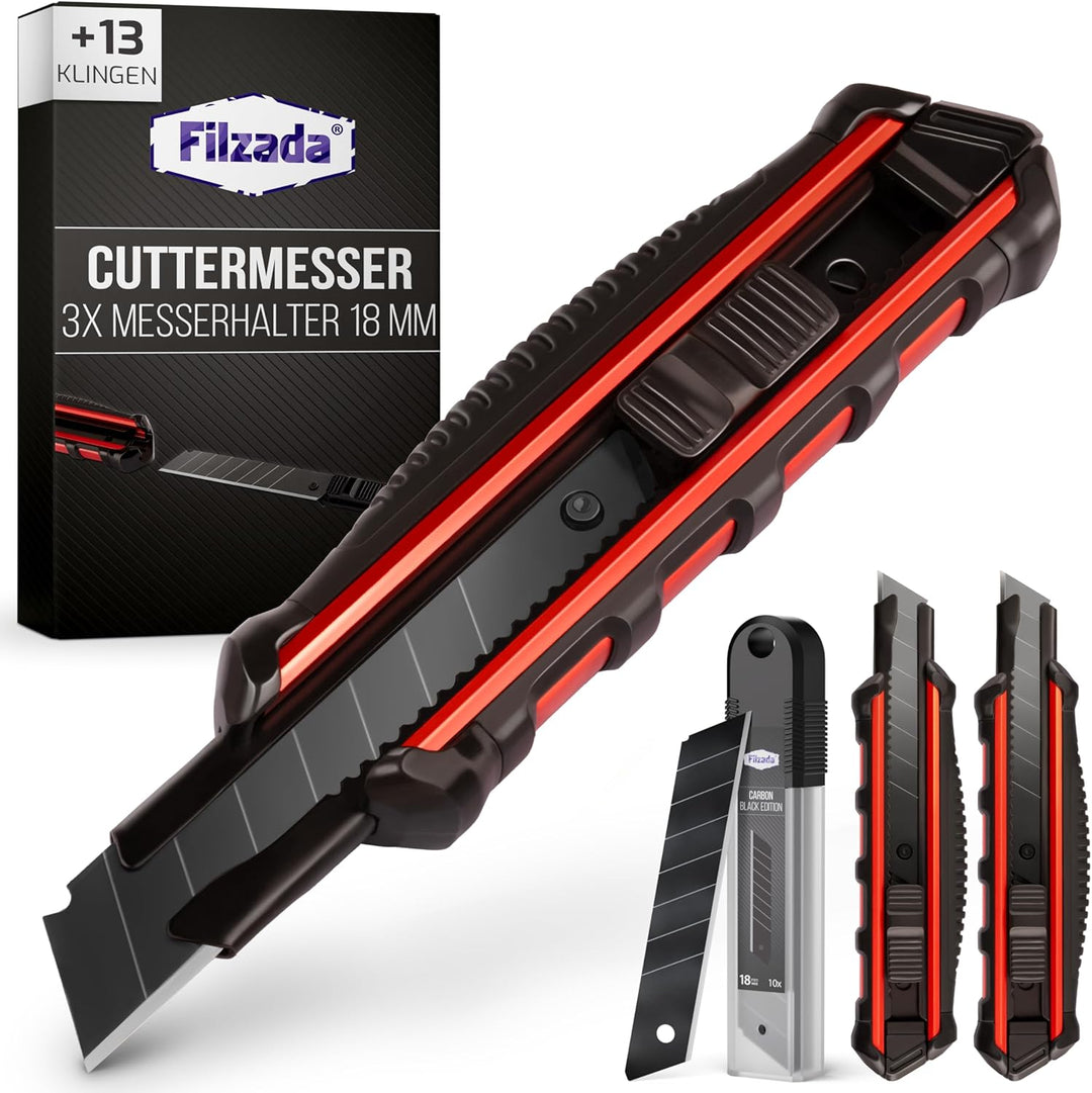 Filzada ® 3x Cuttermesser Profi inkl. 13x Carbonstahl Klingen BLACK - Cuttermesser 18mm - Robustes T