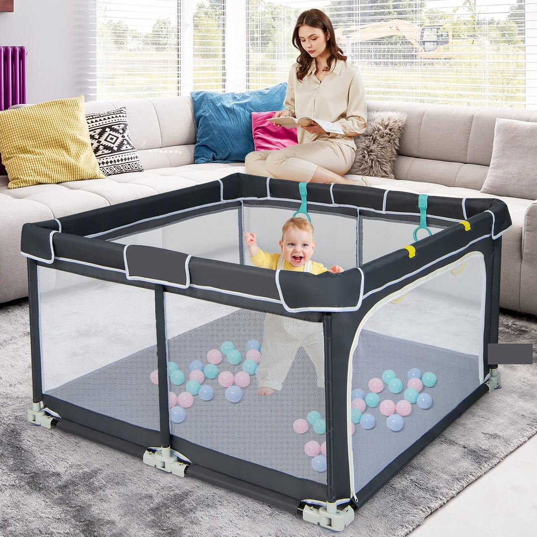 DREAMADE Laufstall Baby, 126 x 126 cm Klappbares Laufgitter mit Tür &amp; 50 Spielbällen &amp; Zugring, Schu