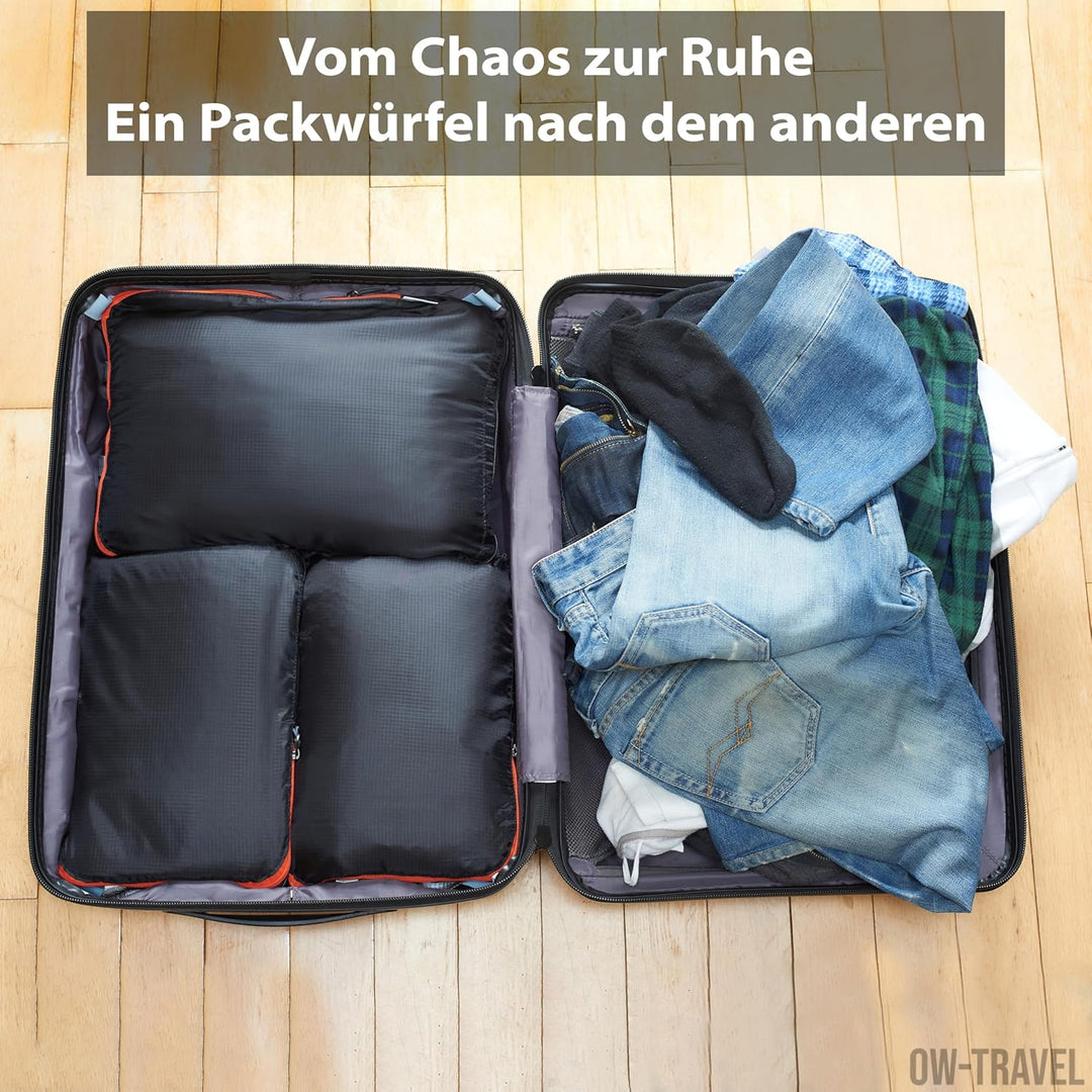 OW-Travel Einfach zu Organisierende Packwürfel Kompression für Koffer. 4 Grosse Koffer Organizer Kom
