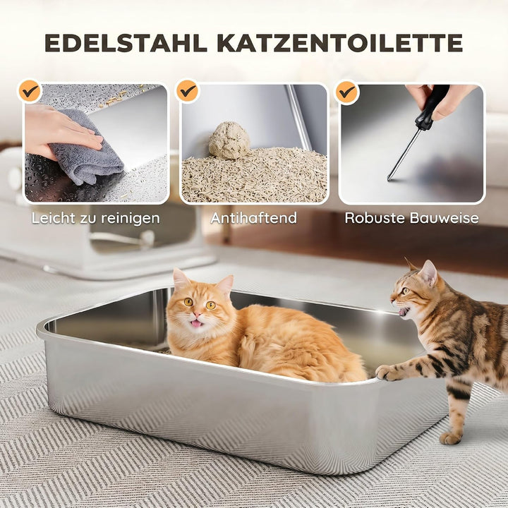 PawHut Katzenklo XXL Edelstahl mit Deckel 52L für grosse Katzen Weiss | Katzentoilette für Mehrere K