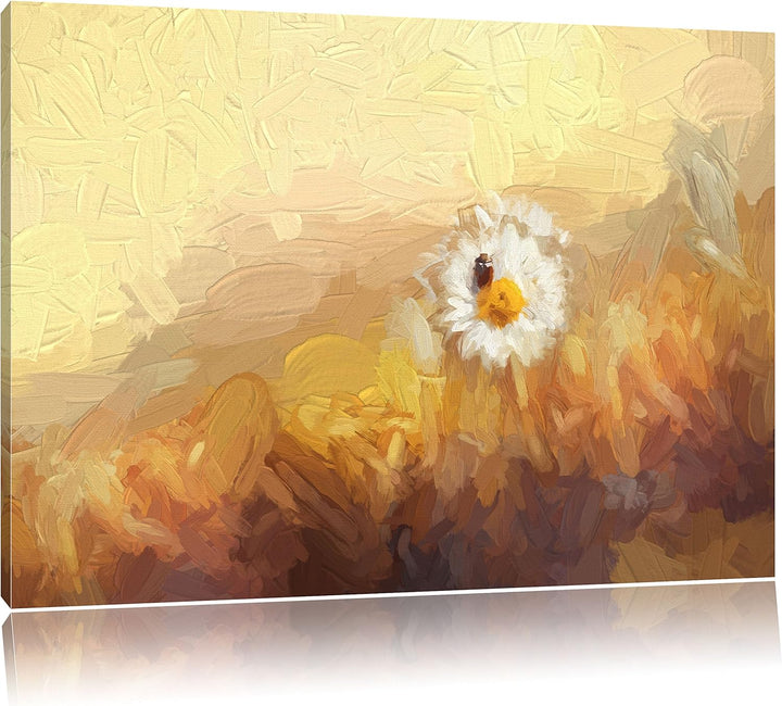 Pixxprint Gänseblümchen Marienkäfer als Leinwandbild/Grösse: 100x70 cm/Wandbild/Kunstdruck/fertig be