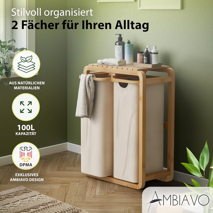 Wäschekorb 2 Fächer beige, schmal & 100 L Bambus · Wäschesammler mit Ablage · 50 L pro Fach · heraus