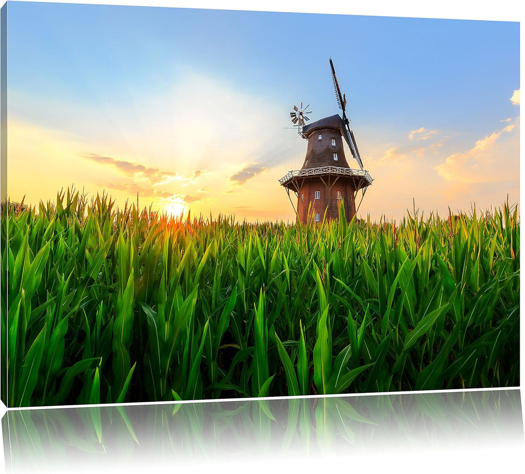 Pixxprint schöne Windmühle auf dem Feld als Leinwandbild/Grösse: 100x70 cm/Wandbild/Kunstdruck/ferti