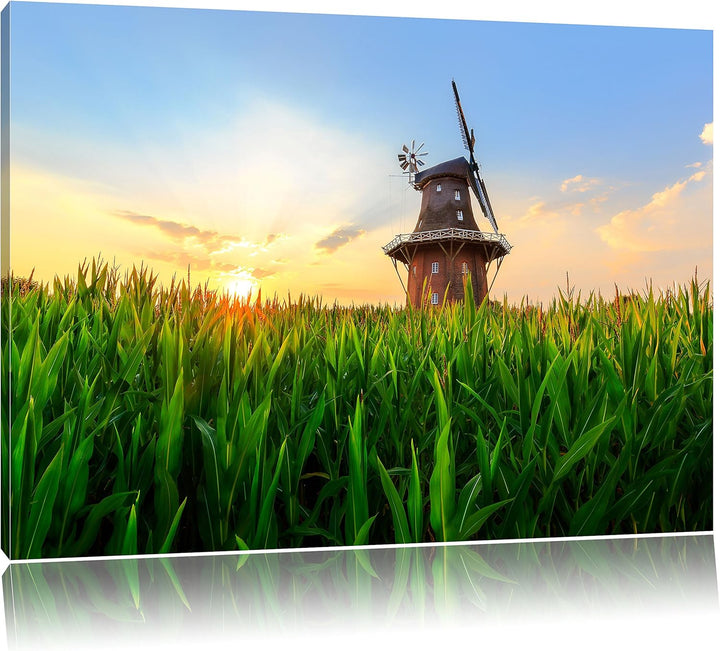 Pixxprint schöne Windmühle auf dem Feld als Leinwandbild/Grösse: 100x70 cm/Wandbild/Kunstdruck/ferti