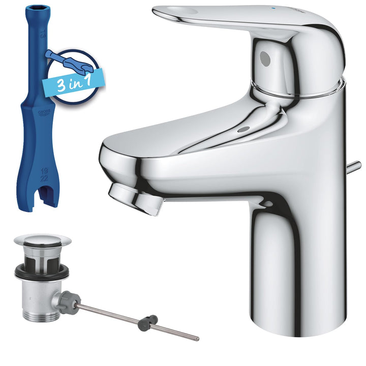 GROHE Swift - Waschtischarmatur (wassersparend, ~16cm hoch, Mittelstellung kalt, inkl. Montagewerkze